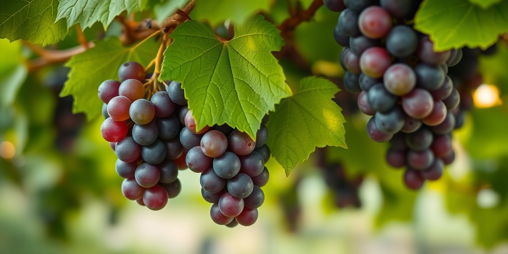 Capture a close-up image of ripe grapes hanging from a vine surrounded by vibrant green leaves, using a DSLR camera with a 50mm lens, aperture set at f/2.8 for a shallow depth of field, shutter speed at 1/200s, ISO 100, natural lighting, and focus on the grapes with a soft bokeh background.