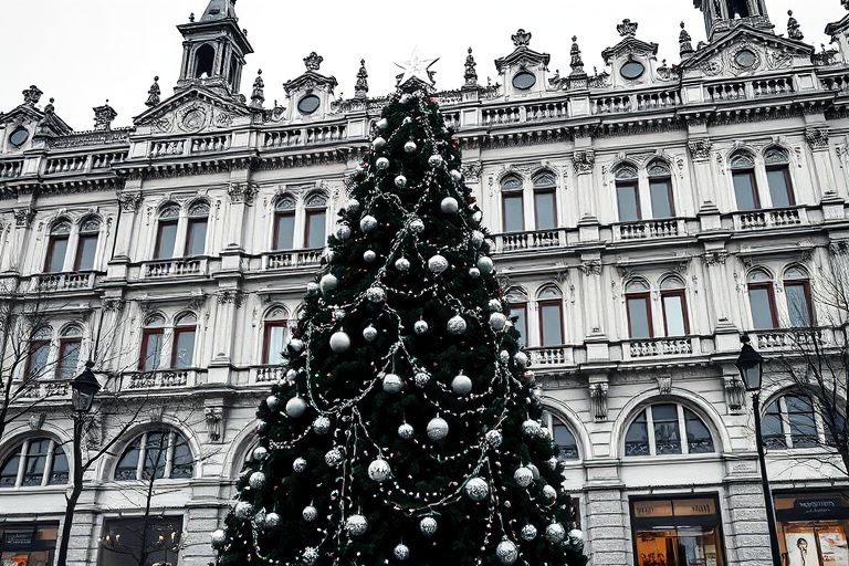 Generate a black and white image of a large Christmas tree decorated with ornaments in front of an ornate historical building. The scene should capture the festive atmosphere, highlighting the tree and the architectural details of the building in the background, with a star on top of the tree.