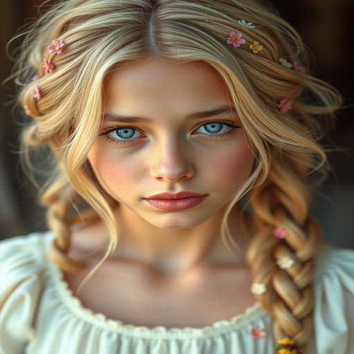 Create an image of a young Mestizo woman with long, wavy blonde hair, adorned with small, colorful flowers woven into her braids and loose strands. Her complexion is fair, with soft, glowing skin, and she has light blue eyes that gaze softly at the viewer. She wears a light, flowing dress with a gentle, ethereal quality, complementing her delicate and serene appearance. The background is slightly blurred, drawing focus to her tranquil expression and the intricate details of the flowers in her hair. The overall mood of the image is one of natural beauty and grace, evoking a sense of peacefulness and connection with nature.