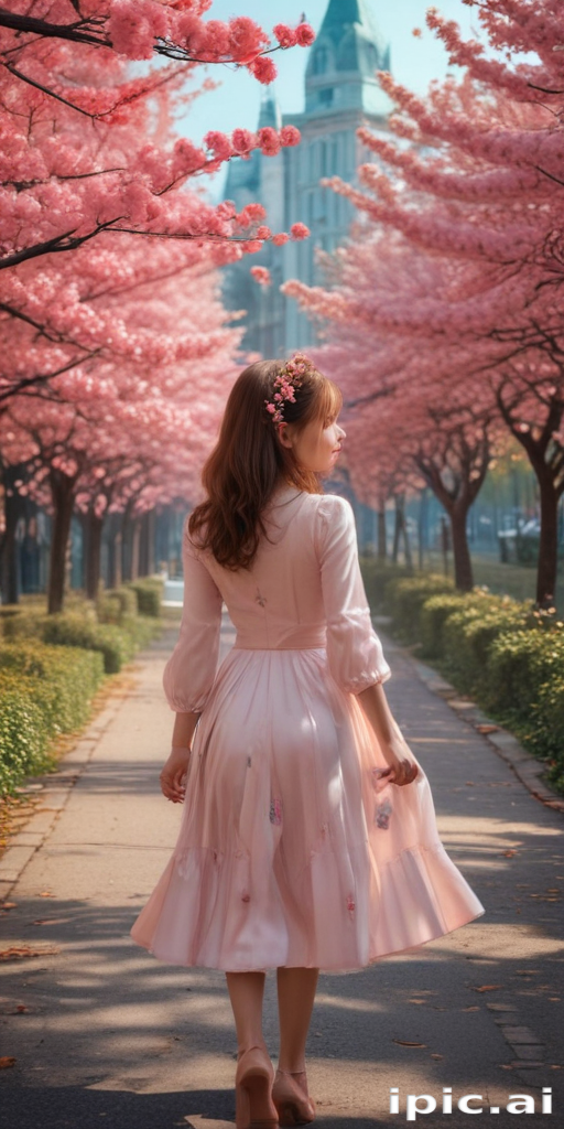 Enchanting Stroll Through Cherry Blossom Path in a Beautiful Pink Dress