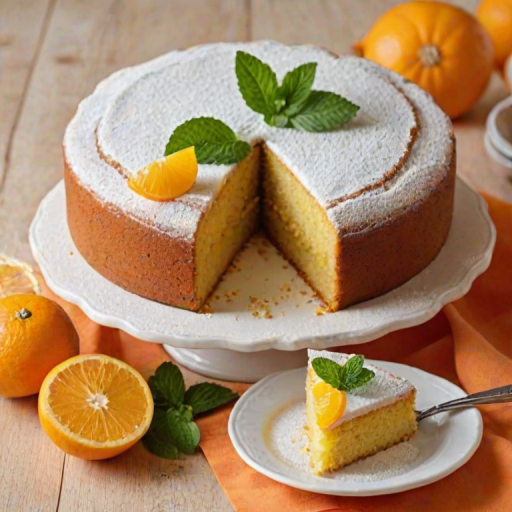 Create an image of a freshly baked orange cake topped with slices of orange and mint leaves. The cake should have a light dusting of powdered sugar on top and be served on a white plate. Include a cake server beside it, with a few slices already cut out. The background should be simple and elegant, enhancing the focus on the cake.