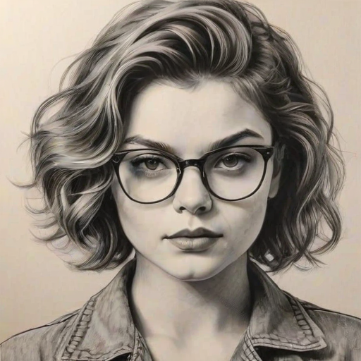 Fascinating Camren Bicondova, pencil sketch, portrait of Enticing woman 1958s in glasses, hair style beatnik, outline, clear lines, fine lines, 8k