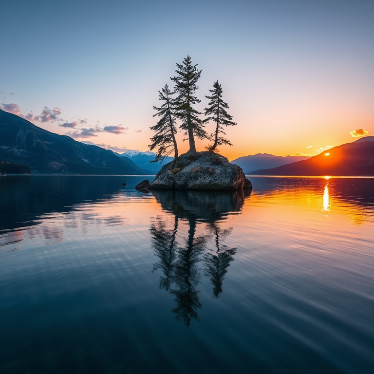 Capture a serene lake scene at sunset featuring an isolated rock with two trees, surrounded by mountains, with vibrant reflection in the water; use a DSLR camera with a 24mm lens, aperture f/11, ISO 100, and a polarizing filter for enhanced colors and clarity.