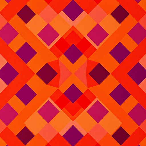 Create a vibrant geometric pattern with alternating diamonds in shades of red, orange, purple, and yellow, using a DSLR camera with a 50mm lens, aperture set to f/1.8, ISO 100, and focus mode set to manual for sharp details, capturing from a top-down view.