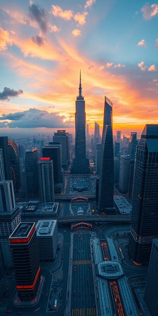 Generate a high-resolution image of a futuristic city skyline at sunset, using a Canon EOS R5 with a 24mm lens, aperture set at f/8, ISO 200, shutter speed 1/125s, in a panoramic view to capture the vastness and detail of the architecture.