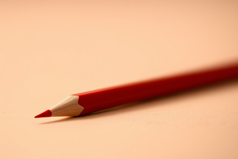 Create an HD image of a red pencil lying at an angle, with a soft-focus background, shot with a DSLR camera using an f/2.8 aperture, ISO 100, and a 50mm lens for sharp detail.