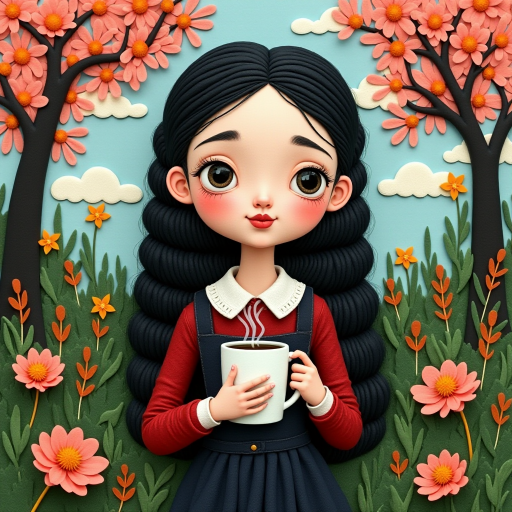 Wednesday Addams holding a steaming coffee mug, depicted in colorful felt textures. The artwork has a serene and tranquil atmosphere, emphasizing the beauty of nature, and evokes a nostalgic and whimsical feeling suitable for children's picture books, greeting cards, and home decor.