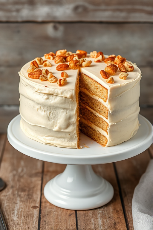 Create an image of a layered cake with creamy frosting topped with chopped nuts placed on a white cake stand with a rustic background. The cake should have a few slices cut out to showcase its layers and texture, emphasizing its delicious and inviting appearance.
