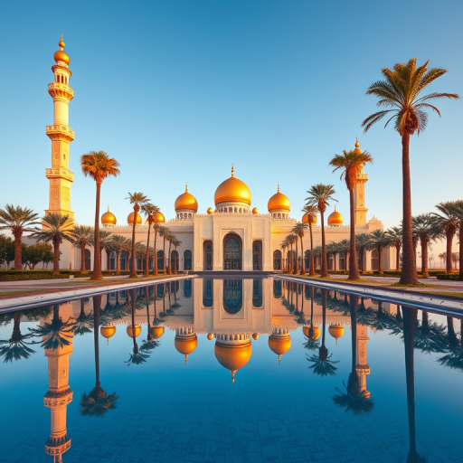 A majestic palace with golden domes and tall minarets surrounded by palm trees and a serene reflecting pool under a clear blue sky, captured with a Canon EOS R5, 24mm lens, f/8 aperture, 1/200s shutter speed, and ISO 100 for high detail and vibrant colors.