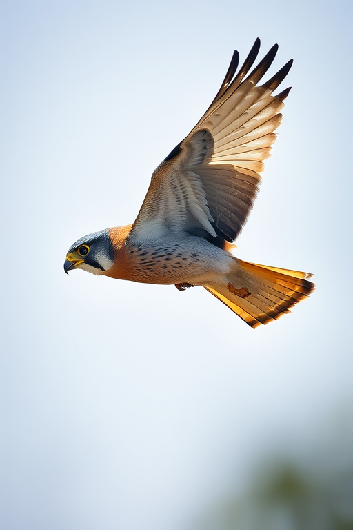 create a detailed illustration of a flying falcon with clear plumage details and vibrant colors, using a Canon EOS R5 camera with an 85mm f/1.2 lens, shallow depth of field, and bright daylight to enhance image quality