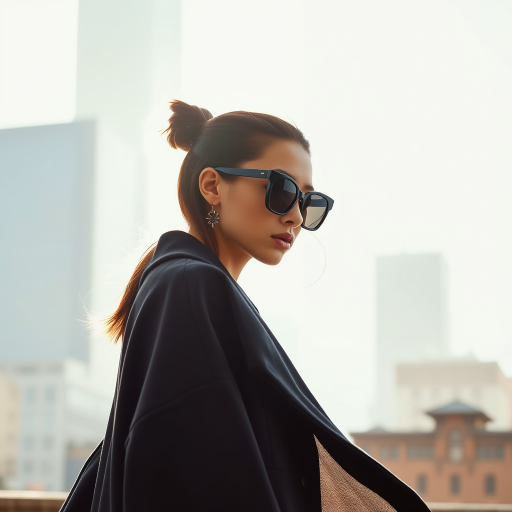 Cityscape backdrop, fashionable attractive model , wearing black shades, oversized coat, minimalist accessories, urban chic vibe, Shoot against a strong backlight using a 50mm f/1.2 lens to create a soft, silhouetted profile, highlighting the flow and transparency of the fabric
