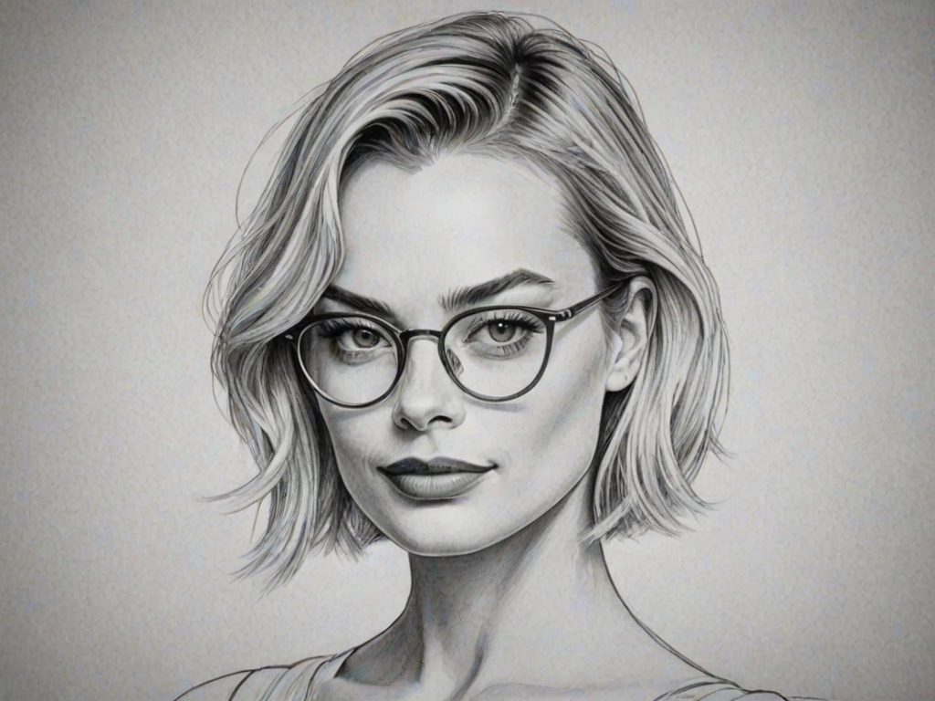 Graceful Margot Robbie, pencil sketch, portrait of Attractive woman 1927s in glasses, hair style beatnik, outline, clear lines, fine lines, 8k