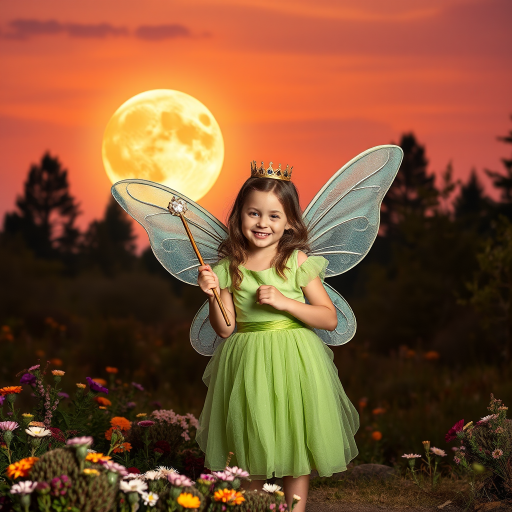 A vivid photo  taken under a bright camera flash of a fantastical scene set against a backdrop of a forest during sunset. The main subject is a girl dressed as a fairy, adorned with translucent wings and a green dress, holding a wand, her face is happy, and she wears a crown on her head. The forest behind her is a blend of flowers, shrubs and trees. The sky is painted in hues of orange and pink, with a large, glowing moon casting a warm glow over the scene. The overall color palette is dominated by earthy tones.