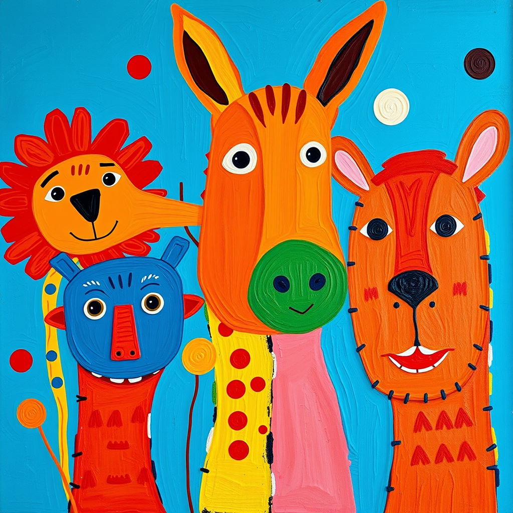 Create a vibrant abstract painting featuring whimsical animals and expressive faces in bold colors with a blue background, shot with a Canon EOS R5 at 50mm, f/1.8, ISO 100, natural light, vibrant color profile.