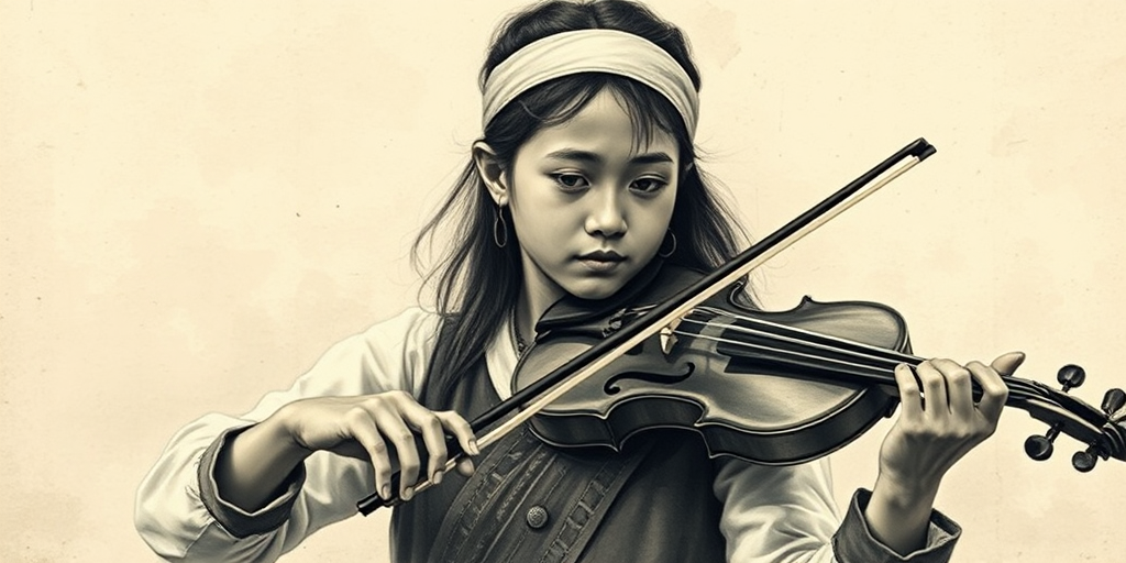 a young Bhutanese woman with a white headband playing a violin, in the style of a charcoal drawing, sepia grunge background