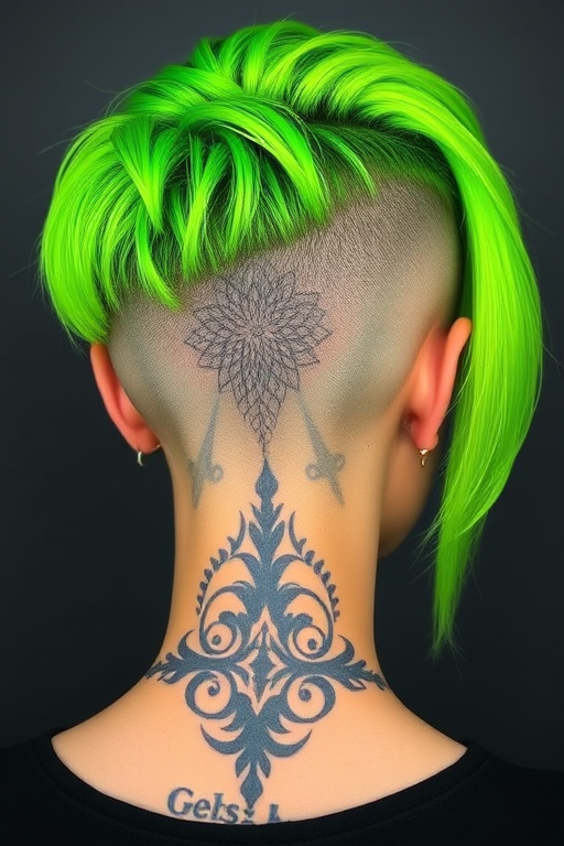 Daring hair style revealing an undercut design with intricate patterns shaved into the nape and vibrant neon green long top layers
