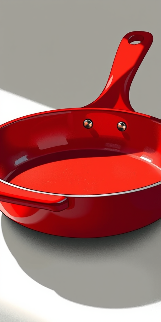 Create a highly detailed illustration of a red frying pan viewed from a slightly elevated angle, with soft shadows and reflections to enhance its metallic surface, using a Canon EOS R5 camera, 50mm lens, aperture f/2.8, ISO 100, and natural lighting for a realistic effect.