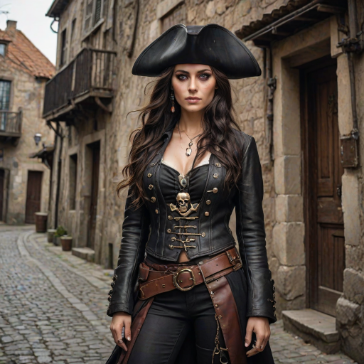 Create a portrait of a fierce female pirate. She wears a leather tricorn hat adorned with a skull and crossbones emblem, and her long, dark hair flows around her face. Her outfit consists of a richly detailed leather jacket, a corset, and multiple layers of belts and accessories, giving her a formidable and stylish appearance. She stands confidently in a dimly lit, historic port town, with a backdrop of weathered buildings and cobblestone streets, capturing the adventurous spirit of a pirate.