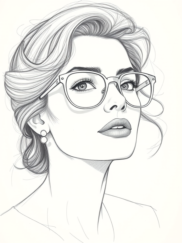 Beautiful Sophia Loren, pencil sketch, portrait of beautiful woman 60s in glasses, hair style beatnik, outline, clear lines, fine lines, 8k