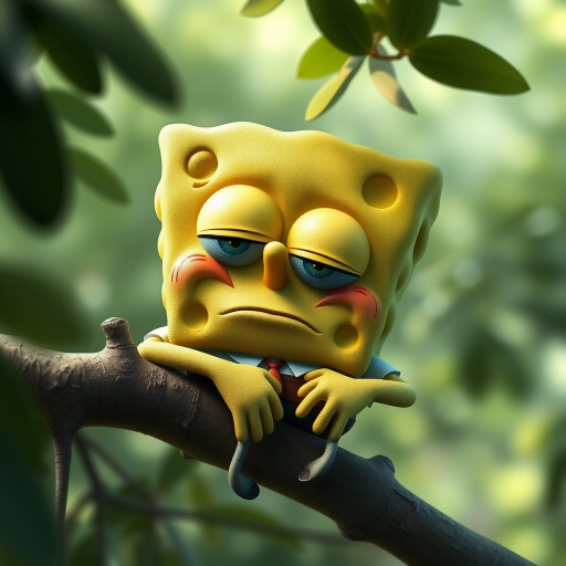 Super realistic caricature of a (SpongeBob)  with Enormous Head and tiny body. Large eyes and an oversized head dominate its body. Drowsy, slouched on a eucalyptus branch, half-closed eyes, lazy posture, peaceful expression, soft light filtering through leaves, pale green tones, subtle shadow effects , serene ambiance.
