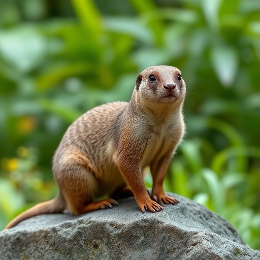A close-up photo of a mongoose sitting on a rock in a lush green environment, captured with a DSLR camera, f/2.8 aperture, 1/200 sec shutter speed, ISO 100, natural light, shallow depth of field, focus on the mongoose, background slightly blurred to enhance subject clarity.