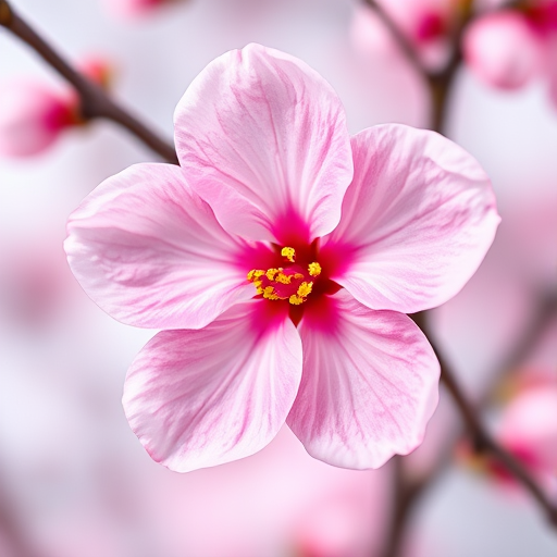 Create a high-resolution digital illustration of a pink cherry blossom flower, with five petals and yellow stamens, using a macro view style and DSLR camera settings at f/2.8 aperture, ISO 100, and a 100mm focal length for enhanced detail and clarity.