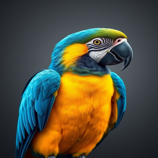 Create a high-resolution digital illustration of a macaw parrot showing vibrant blue and yellow feathers against a muted gray background, with sharp details and smooth gradients, using a DSLR camera set to f/8 aperture, ISO 100, 50mm lens, and a slight bokeh effect for depth.
