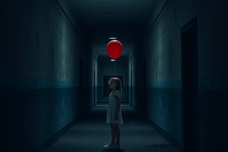 Create a high-resolution image of a dark, abandoned corridor with a girl holding a red balloon in the center, using a Canon EOS R5 camera, 50mm lens, f/1.8 aperture, ISO 100, 1/125 sec shutter speed, with a shallow depth of field to enhance focus on the subject and a cinematic style.