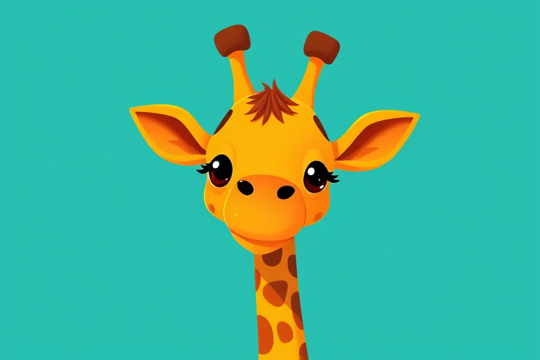 Create a cartoon-style image of a giraffe with a friendly expression, bright orange body and brown spots, set against a solid teal background, captured using a DSLR camera with a 50mm lens at f/2.8, ISO 100, shot from a slightly low angle to create a whimsical perspective, using vibrant color settings for enhanced contrast and clarity.