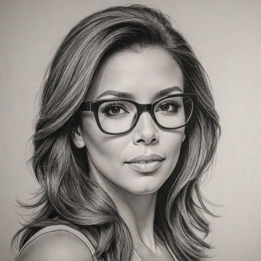 Splendid Eva Longoria, pencil sketch, portrait of Stunning woman 1975s in glasses, hair style beatnik, outline, clear lines, fine lines, 8k