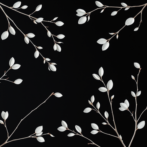 create a minimalist design of delicate white branches with leaves on a black background, capture the details with a 50mm lens, f/1.8 aperture, ISO 100, using a DSLR camera from a top-down view for enhanced clarity and depth.