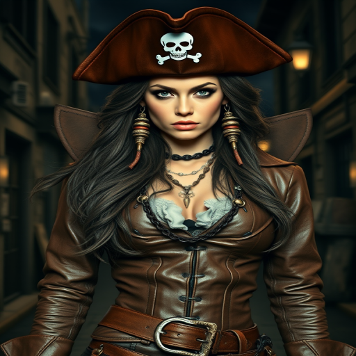 Create a portrait of a fierce female pirate. She wears a leather tricorn hat adorned with a skull and crossbones emblem, and her long, dark hair flows around her face. Her outfit consists of a richly detailed leather jacket, a corset, and multiple layers of belts and accessories, giving her a formidable and stylish appearance. She stands confidently in a dimly lit, historic port town, with a backdrop of weathered buildings and cobblestone streets, capturing the adventurous spirit of a pirate.