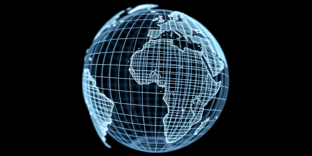 Create a detailed 3D wireframe globe, using a high-resolution render with a wide-angle lens, f-stop at f/8 for depth of field, ISO 100 for clarity, and a soft lighting setup to highlight the grid structures, viewed from an elevated angle to show curvature.