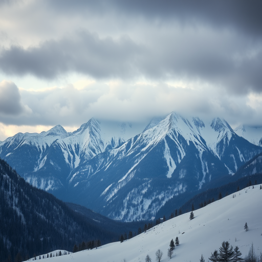 Capture a dramatic winter landscape of snow-covered mountains under a moody overcast sky with low-hanging clouds, using a DSLR camera at 24mm focal length, aperture f/8, ISO 100, and a shutter speed of 1/200 sec to enhance detail and contrast in the image.