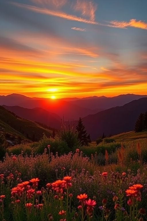 Create a vibrant sunset landscape with mountains in the background, foreground with wildflowers, shot with a Canon EOS R5 at f/8, 1/200s, ISO 100, wide-angle lens at 24mm, in HDR style for enhanced detail and color depth.
