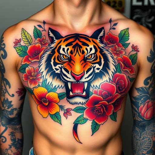 Colorful neo-traditional tattoo adorning the chest, featuring a fierce tiger surrounded by vibrant flowers and foliage, employing bold lines and saturated colors for a striking and eye-catching appearance