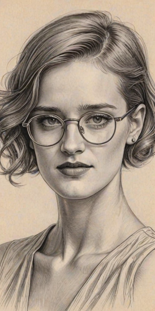 Alluring Mackenzie Davis, pencil sketch, portrait of Magnificent woman 1920s in glasses, hair style beatnik, outline, clear lines, fine lines, 8k