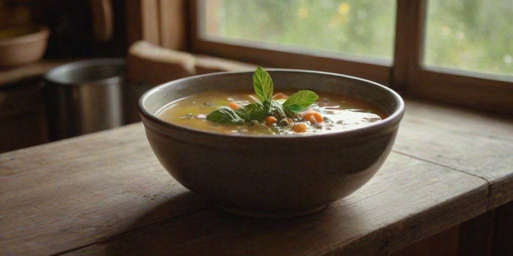 Close-up of a steaming bowl of homemade soup on a wooden table, soft natural light from a nearby window illuminating the rustic kitchen, with fresh herbs scattered nearby and a cozy atmosphere filling the space.