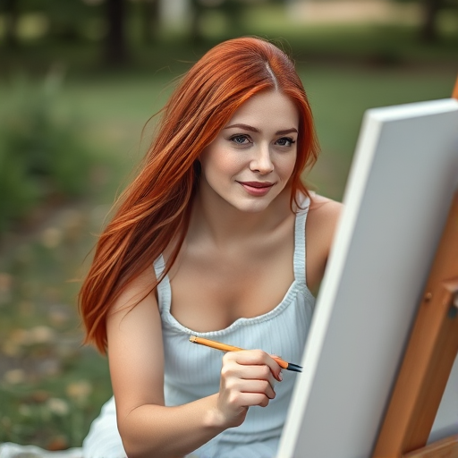 Capture a woman with red hair seated outdoors, painting on a canvas, shallow depth of field, 50mm lens, aperture f/1.8, ISO 200, natural light, soft focus background to enhance subject isolation.