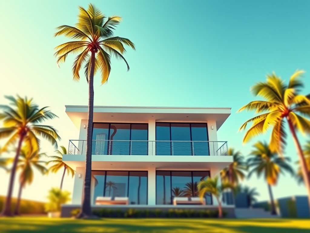 Create a vibrant digital illustration of a modern house with large windows and a balcony, surrounded by palm trees under a clear blue sky, using a DSLR camera with a 35mm lens, aperture f/8, ISO 200, and a slight tilt-shift effect for depth.