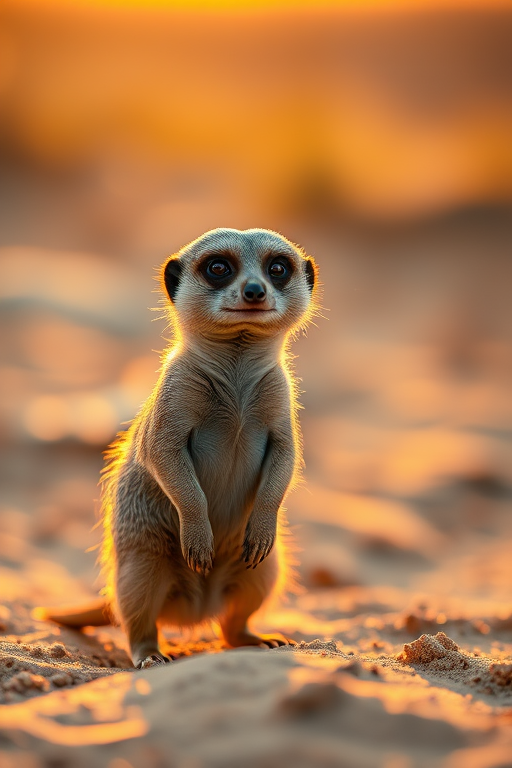 Capture a close-up of a meerkat standing on sandy ground during golden hour, using a DSLR camera with a 50mm lens, aperture f/2.8 for shallow depth of field, ISO 200 for clear details, and a soft focus background to enhance the subject.