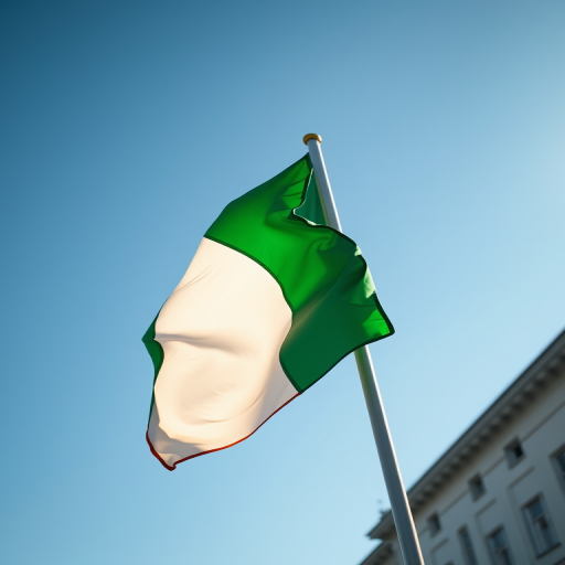 Capture a high-resolution image of the Irish flag waving in the wind, using a DSLR camera with a 50mm lens at f/2.8, ISO 100, 1/200s shutter speed, from a low angle perspective emphasizing the vibrant colors against a clear blue sky.
