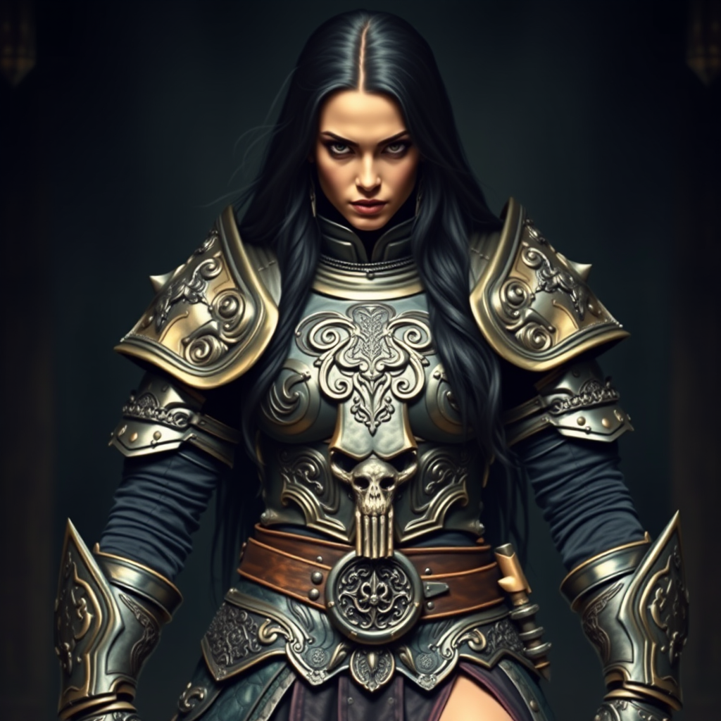 Create a photo of a fierce Circassian female warrior with long black hair, wearing an ornate, metallic armor. The armor includes a breastplate with intricate designs, shoulder guards, and gauntlets. The breastplate is decorated with a central emblem, possibly representing a mythical symbol, and has a sculpted, form-fitting design. She wears a belt with a large skull ornament at the center, and her armor extends into a partial skirt, revealing one leg. The overall look is both protective and stylish, with a dark, gothic aesthetic. The background is dimly lit, suggesting a medieval or fantasy setting, enhancing the warrior's imposing presence and intense expression.
