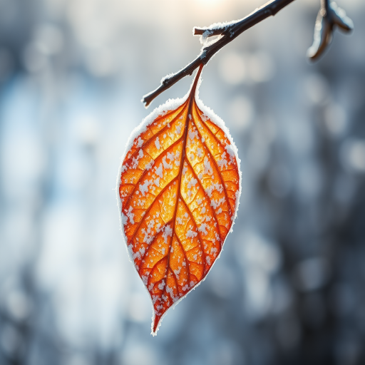 macro shot of a single frosted leaf hanging on a branch in a winter landscape, soft natural lighting, shallow depth of field, ISO 100, aperture f/2.8, shutter speed 1/200s, DSLR camera, 50mm lens, focus on the leaf with blurred background