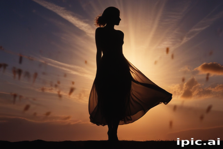 Silhouette of a Woman in Flowing Dress Against a Stunning Sunset