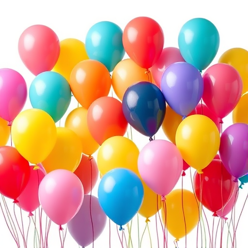 Generate a vibrant illustration of colorful balloons in various shapes and sizes with a white background, using a Canon EOS 5D Mark IV, 50mm f/1.8 lens, aperture f/4, ISO 100, and soft lighting for enhancement.