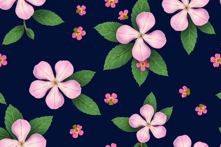 Create a seamless floral pattern with small pink flowers and green leaves on a dark navy background, shot with a DSLR camera at f/8, ISO 100, 50mm lens, using a macro photography style to enhance detail and color vibrancy.