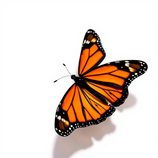 Generate an image of a monarch butterfly with vibrant orange and black wings, positioned in mid-flight against a plain white background, casting a subtle shadow beneath it.