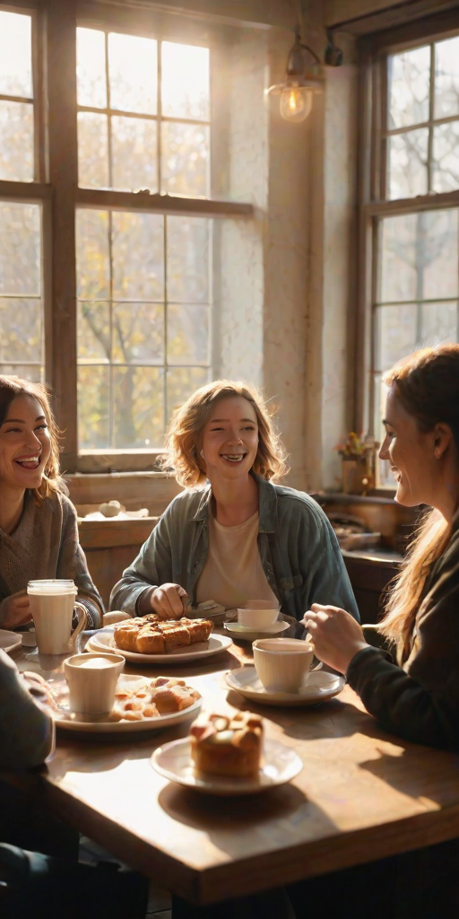 Warm, softly lit image of a group of friends sitting around a table in a cozy cafe, soft chatter and laughter filling the air, sunlight streaming through the windows, coffee cups and plates of pastries scattered on the table, a sense of warmth and friendship.