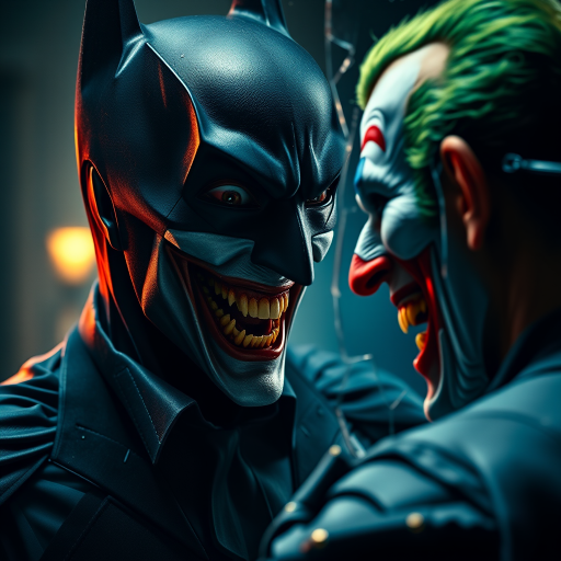 Merging elements of Batman and The Joker, this character portrays an evil, maniacal laughter, a sinister grin, and piercing eyes, accompanied by inhumanly sharp fangs. In a half-body portrait, Batman appears maniacal, gazing into a shattered mirror, his image rendered in Todd Phillips' unique style. The scene exudes an atmosphere of darkness, horror, and intense drama, with dramatic lighting and high-quality, hyper-realistic visuals. Inspired by the style of illusory wallpaper portraits, the image showcases colorful realism, exceptional attention to detail, and intricate hidden elements. The UHD, 8K resolution delivers a stunning image, combining realism and vibrant colors for an immersive, intense experience.